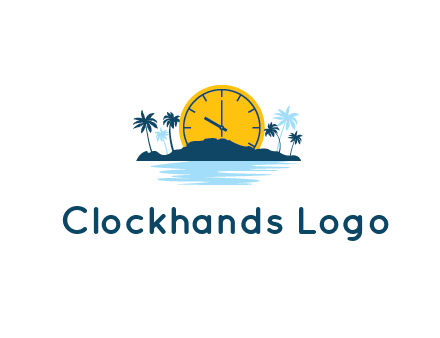 sun with clock behind mountains with palm trees