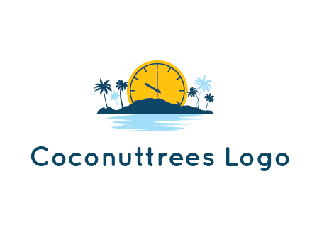 sun with clock behind mountains with palm trees