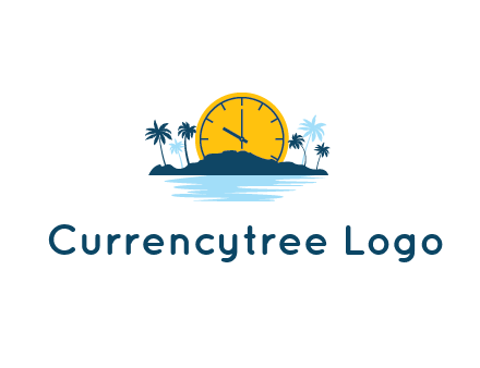 sun with clock behind mountains with palm trees