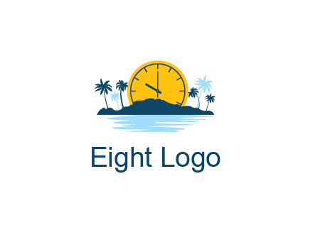 sun with clock behind mountains with palm trees