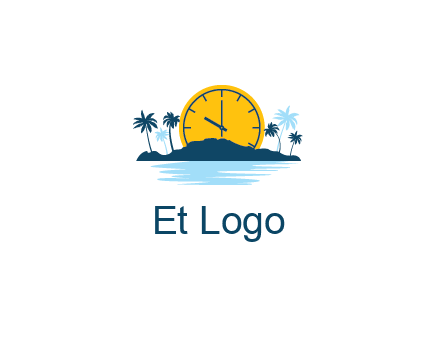 sun with clock behind mountains with palm trees