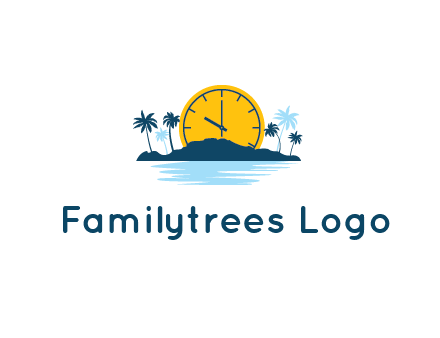 sun with clock behind mountains with palm trees