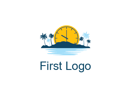 sun with clock behind mountains with palm trees