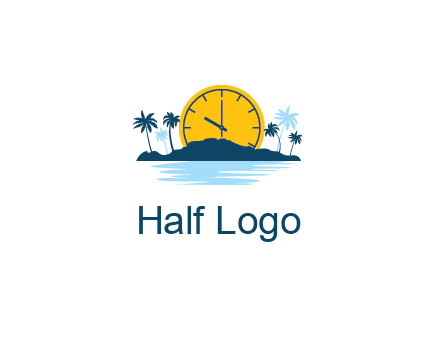 sun with clock behind mountains with palm trees