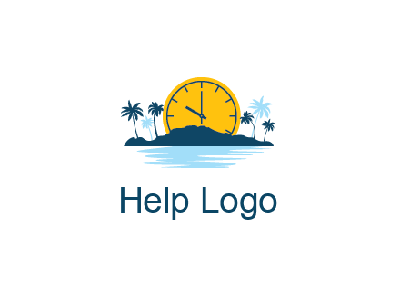 sun with clock behind mountains with palm trees