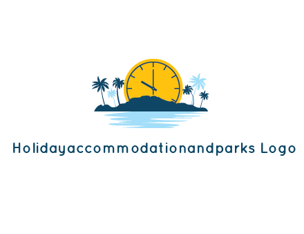 sun with clock behind mountains with palm trees