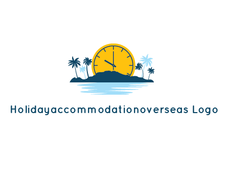 sun with clock behind mountains with palm trees