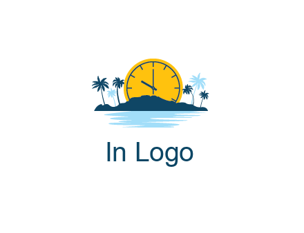 sun with clock behind mountains with palm trees