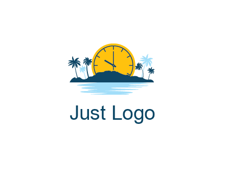 sun with clock behind mountains with palm trees