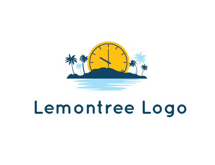 sun with clock behind mountains with palm trees