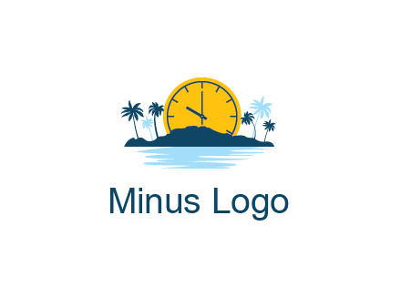 sun with clock behind mountains with palm trees