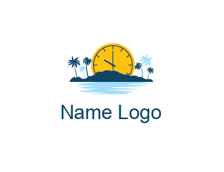 sun with clock behind mountains with palm trees