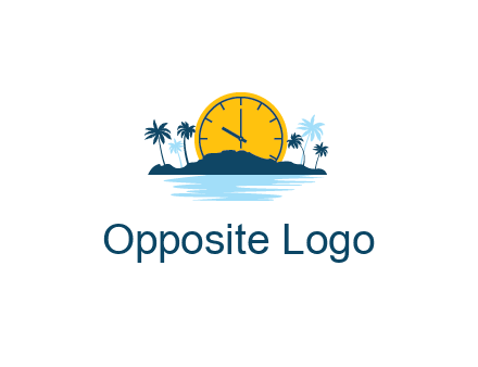 sun with clock behind mountains with palm trees