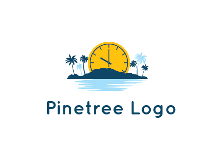 sun with clock behind mountains with palm trees