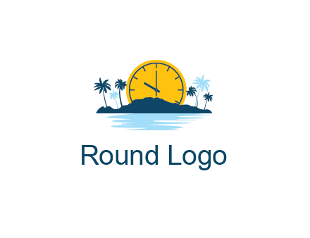 sun with clock behind mountains with palm trees