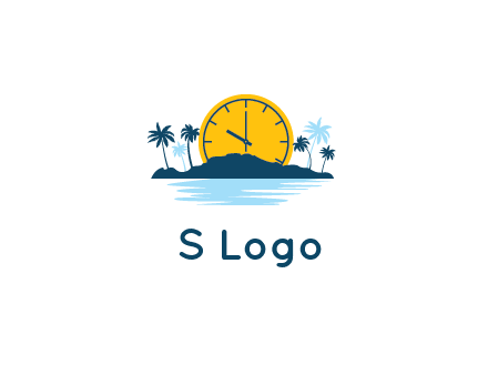 sun with clock behind mountains with palm trees