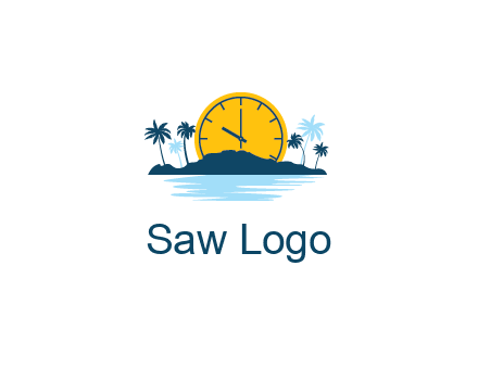 sun with clock behind mountains with palm trees