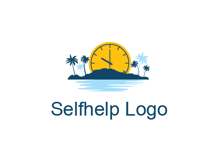 sun with clock behind mountains with palm trees