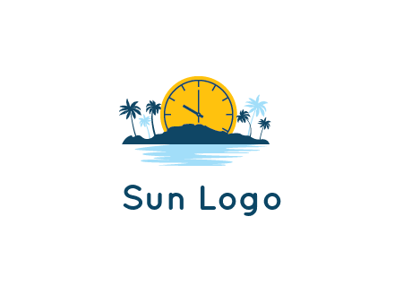 sun with clock behind mountains with palm trees