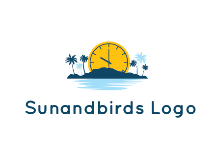 sun with clock behind mountains with palm trees