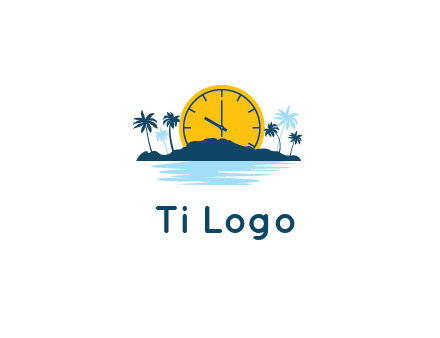 sun with clock behind mountains with palm trees