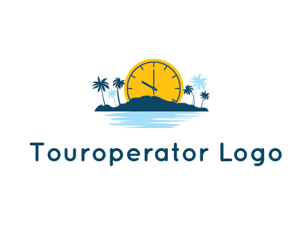 sun with clock behind mountains with palm trees