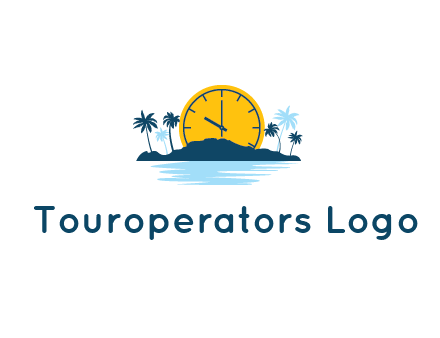 sun with clock behind mountains with palm trees