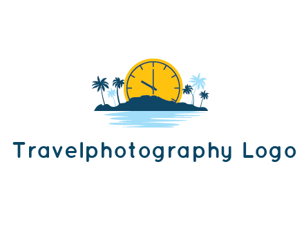 sun with clock behind mountains with palm trees