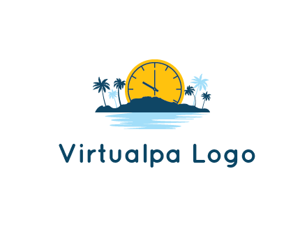 sun with clock behind mountains with palm trees