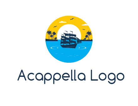 sun and palm trees behind ship in circle