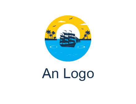 sun and palm trees behind ship in circle