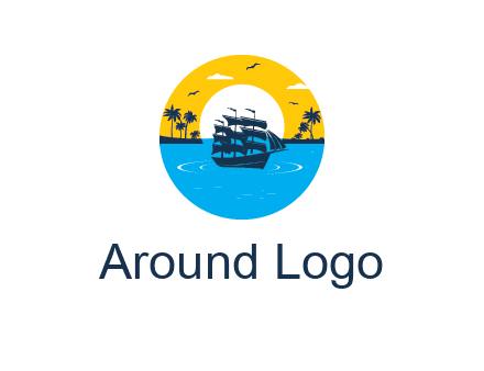 sun and palm trees behind ship in circle