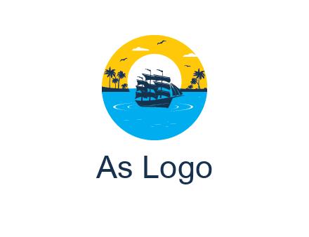 sun and palm trees behind ship in circle