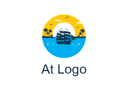 sun and palm trees behind ship in circle