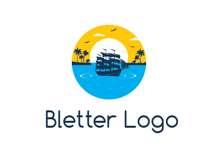 sun and palm trees behind ship in circle