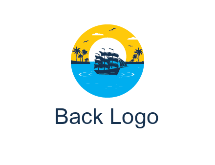 sun and palm trees behind ship in circle
