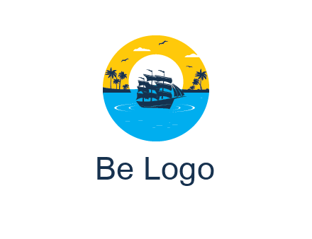 sun and palm trees behind ship in circle