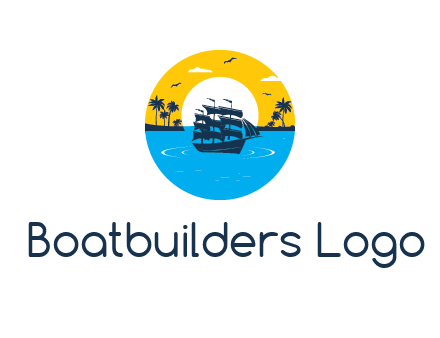 sun and palm trees behind ship in circle