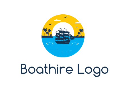 sun and palm trees behind ship in circle