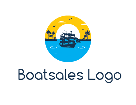 sun and palm trees behind ship in circle