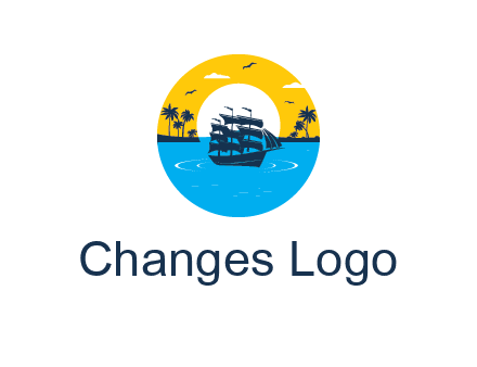 sun and palm trees behind ship in circle