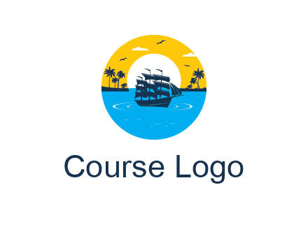 sun and palm trees behind ship in circle
