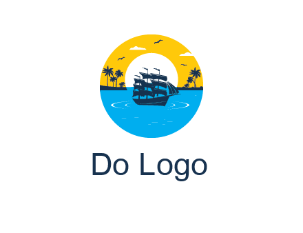 sun and palm trees behind ship in circle
