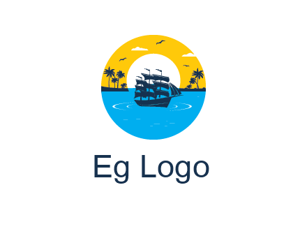sun and palm trees behind ship in circle