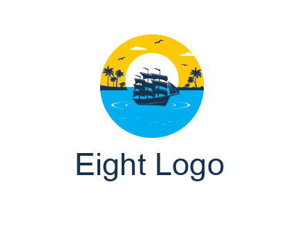 sun and palm trees behind ship in circle