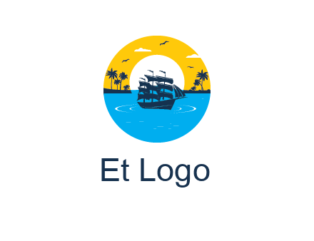 sun and palm trees behind ship in circle