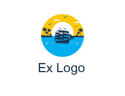 sun and palm trees behind ship in circle