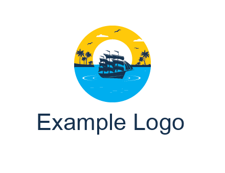 sun and palm trees behind ship in circle