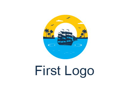 sun and palm trees behind ship in circle