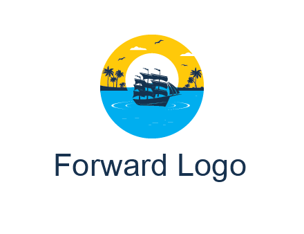 sun and palm trees behind ship in circle